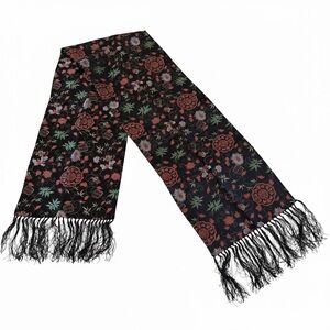 Luxury Chinese Silk Brocade Scarf - Black with Floral & Longevity Motifs